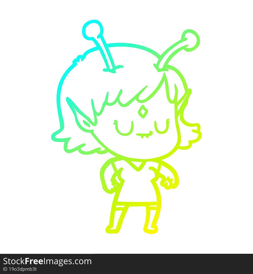 cold gradient line drawing of a cartoon alien girl