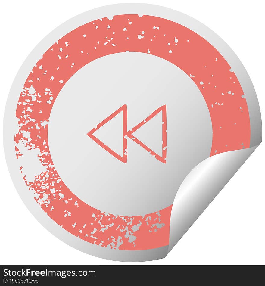 distressed circular peeling sticker symbol of a rewind button