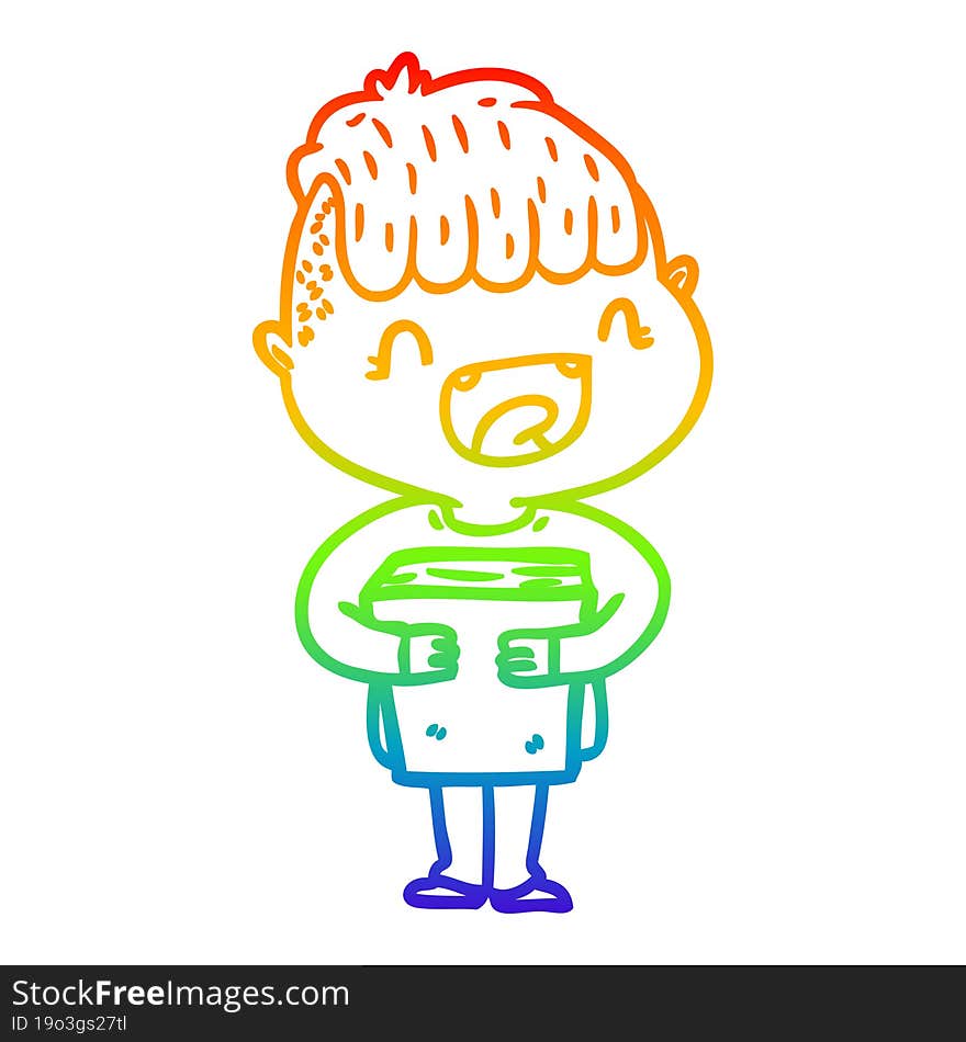 Rainbow Gradient Line Drawing Cartoon Happy Boy With New Books