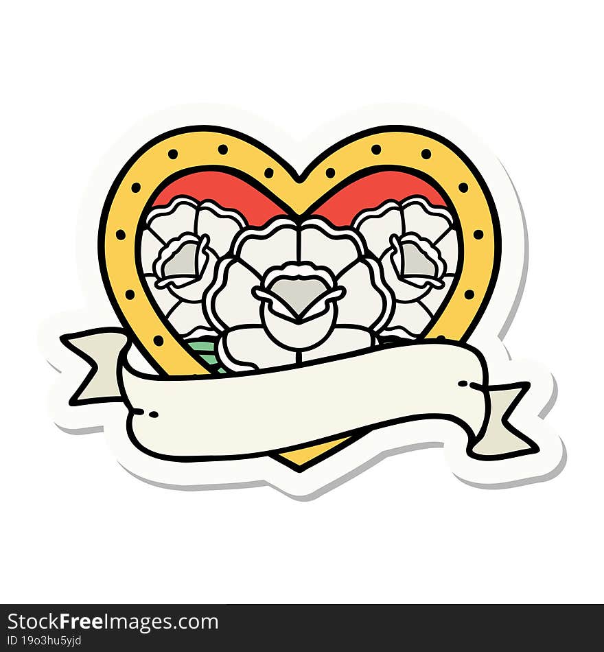 sticker of tattoo in traditional style of a heart and banner with flowers. sticker of tattoo in traditional style of a heart and banner with flowers