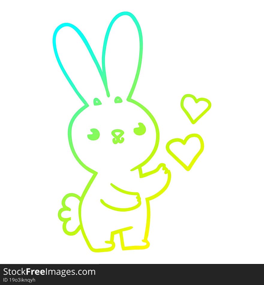 cold gradient line drawing of a cute cartoon rabbit with love hearts