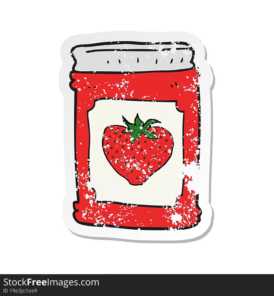 retro distressed sticker of a cartoon strawberry jam jar