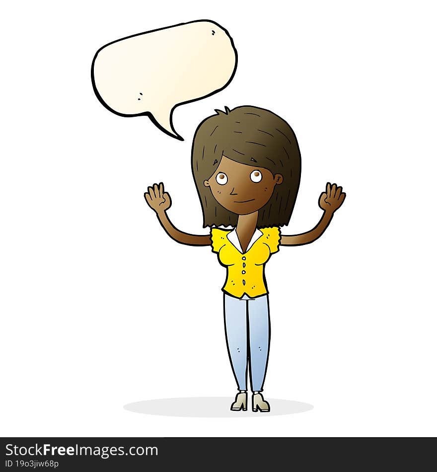 cartoon woman holding up hands with speech bubble