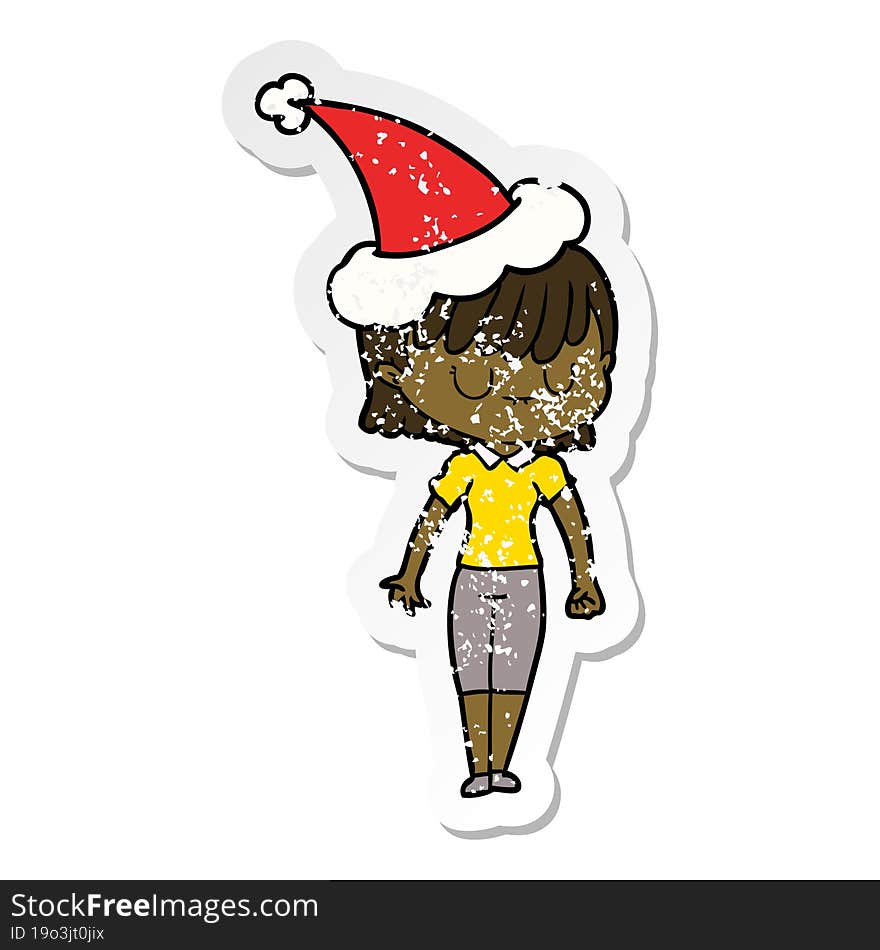 hand drawn distressed sticker cartoon of a woman wearing santa hat