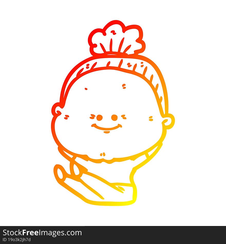 warm gradient line drawing of a cartoon happy old woman