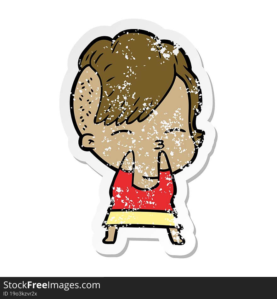 distressed sticker of a cartoon squinting girl