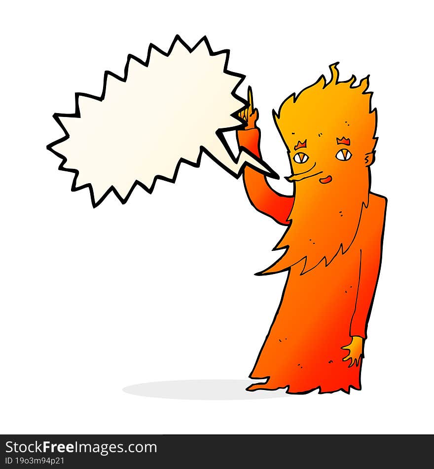 cartoon fire spirit with speech bubble