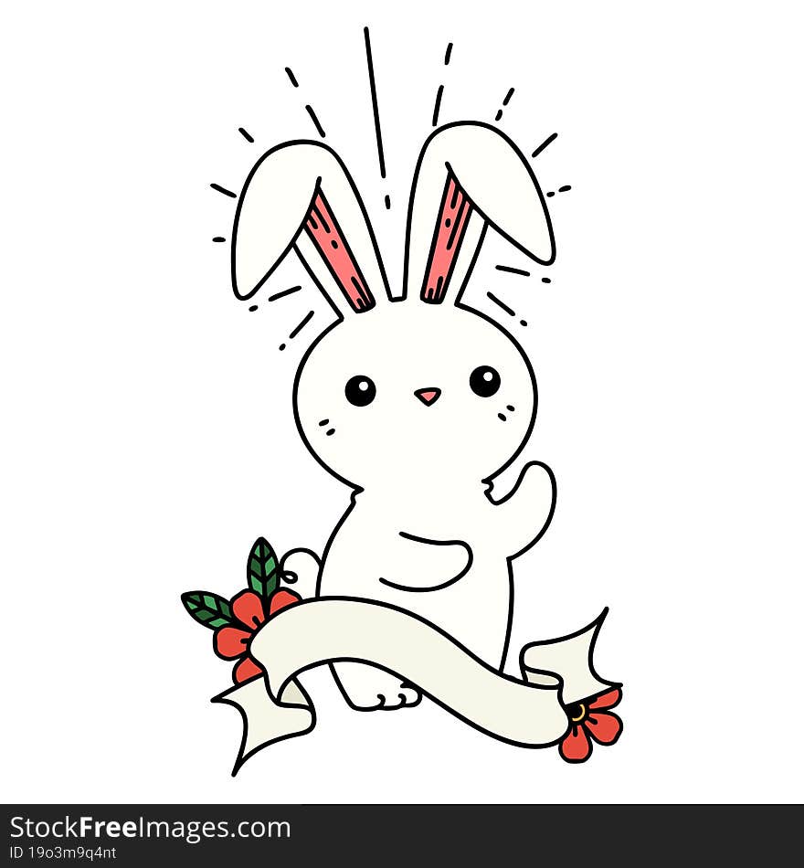 scroll banner with tattoo style cute bunny