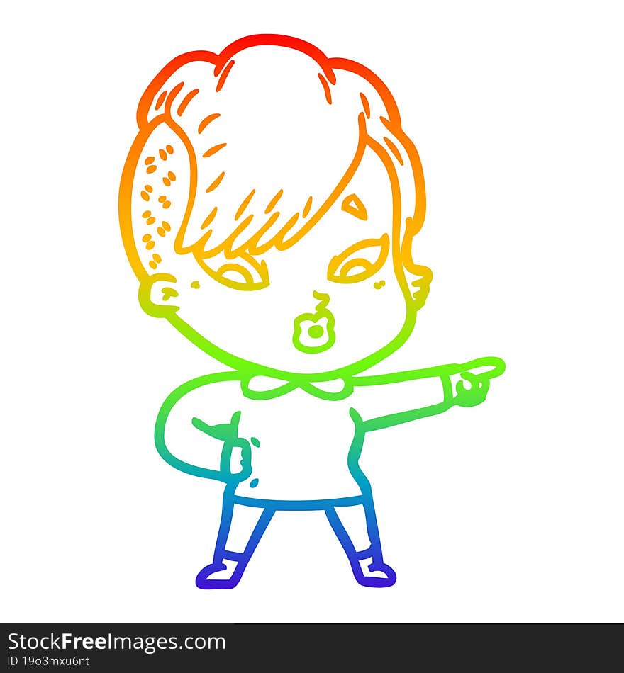 rainbow gradient line drawing cartoon surprised girl pointing