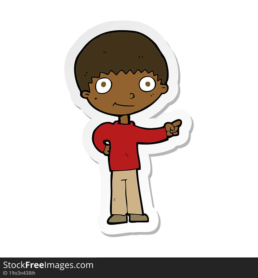 sticker of a cartoon happy boy pointing