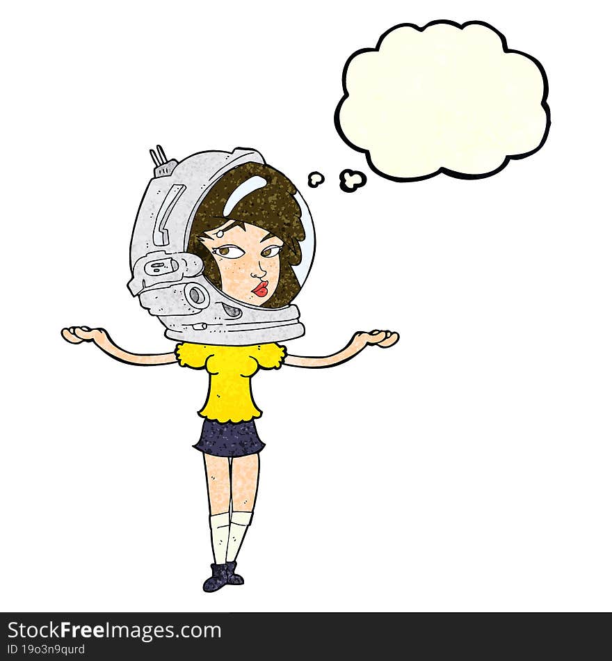 cartoon woman wearing space helmet with thought bubble