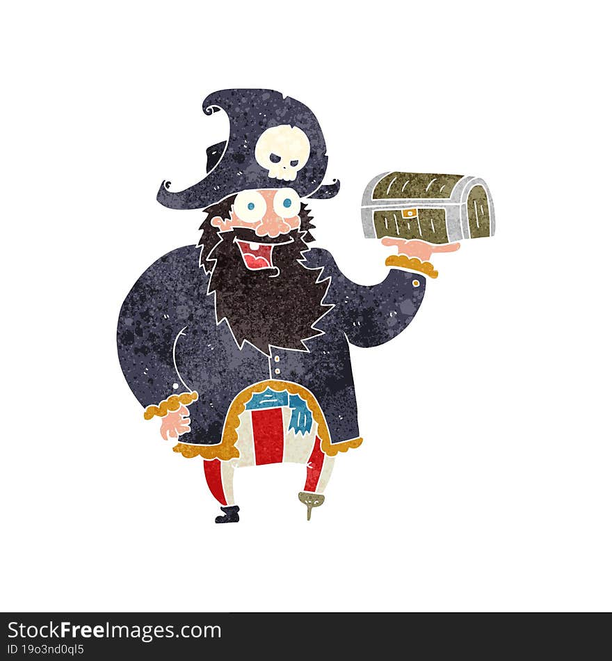 freehand retro cartoon pirate captain with treasure chest