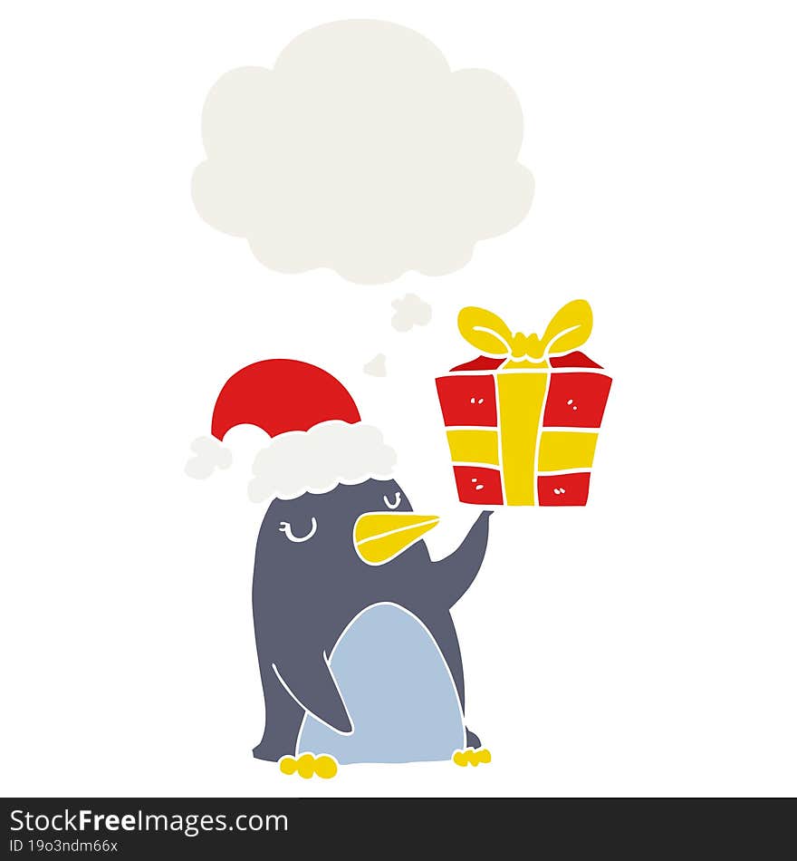 cartoon penguin with christmas present and thought bubble in retro style