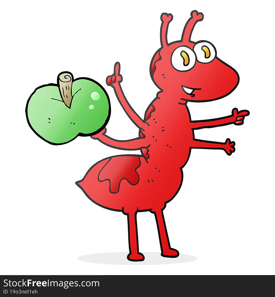 freehand drawn cartoon ant with apple