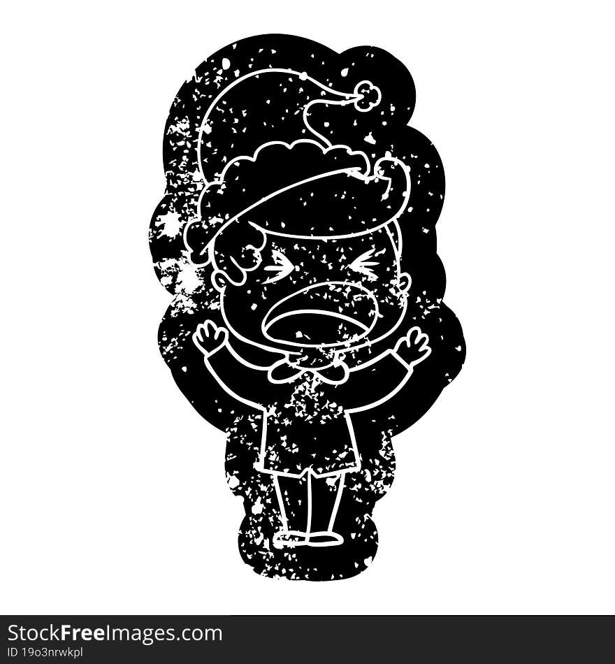 Cartoon Distressed Icon Of A Shouting Man Wearing Santa Hat