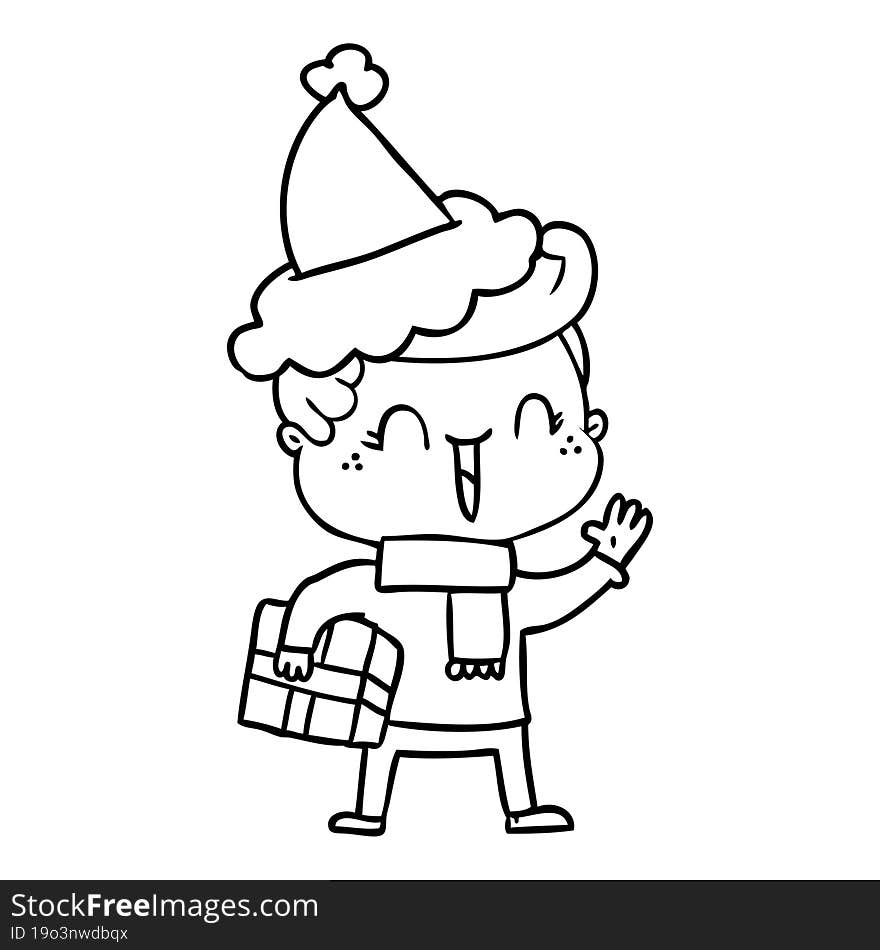 line drawing of a laughing boy wearing santa hat