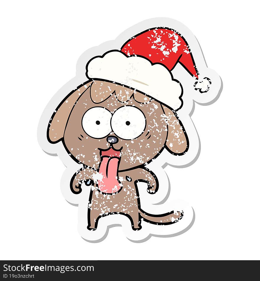 cute distressed sticker cartoon of a dog wearing santa hat