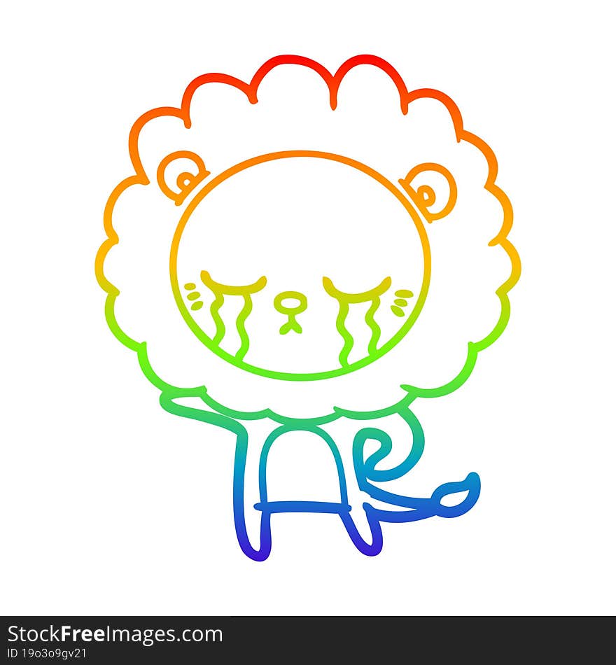 rainbow gradient line drawing of a crying cartoon lion