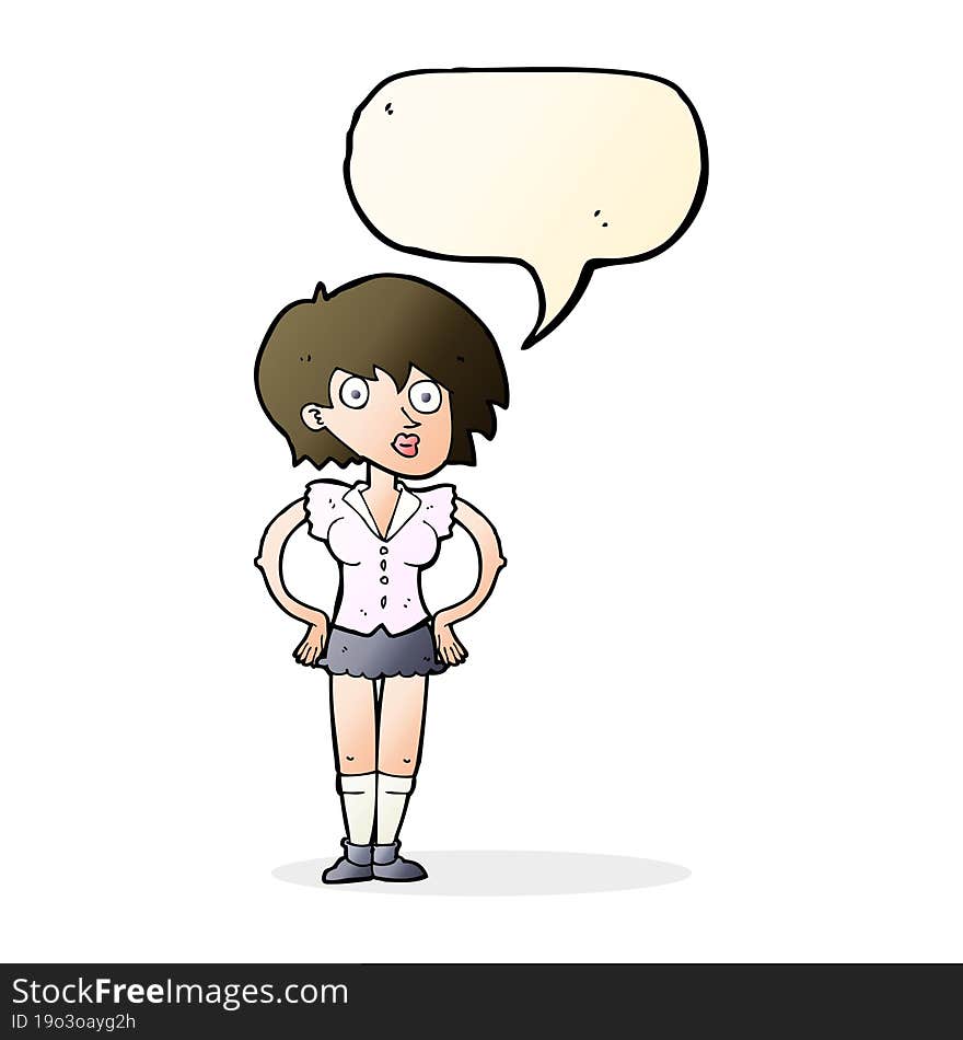 cartoon surprised woman with hands on hips with speech bubble