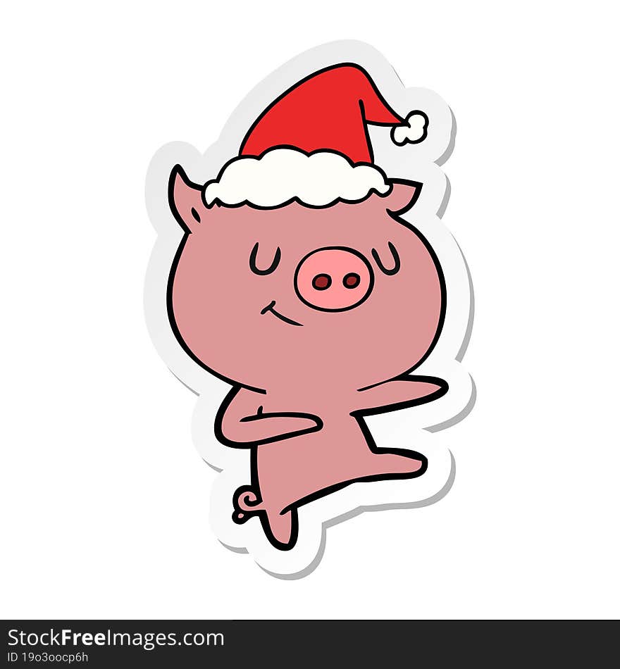 happy sticker cartoon of a pig dancing wearing santa hat