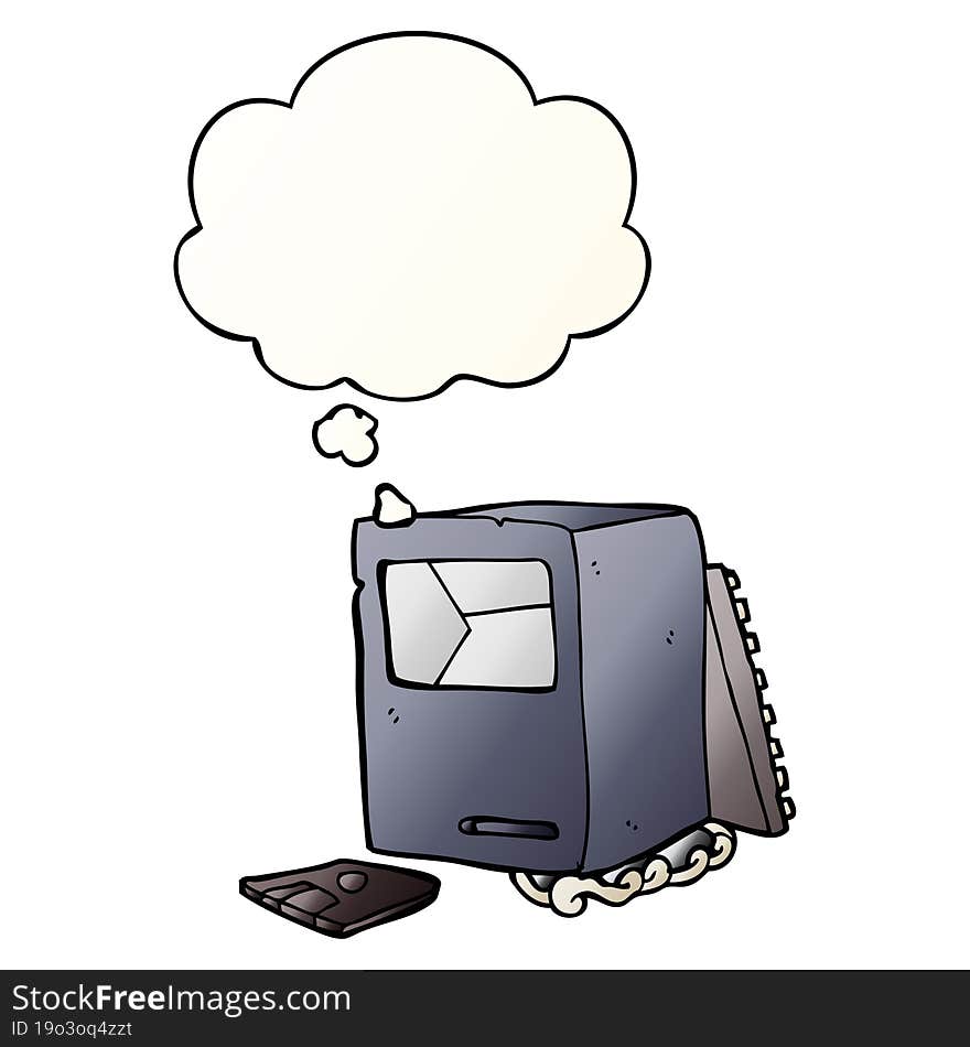 cartoon broken old computer with thought bubble in smooth gradient style