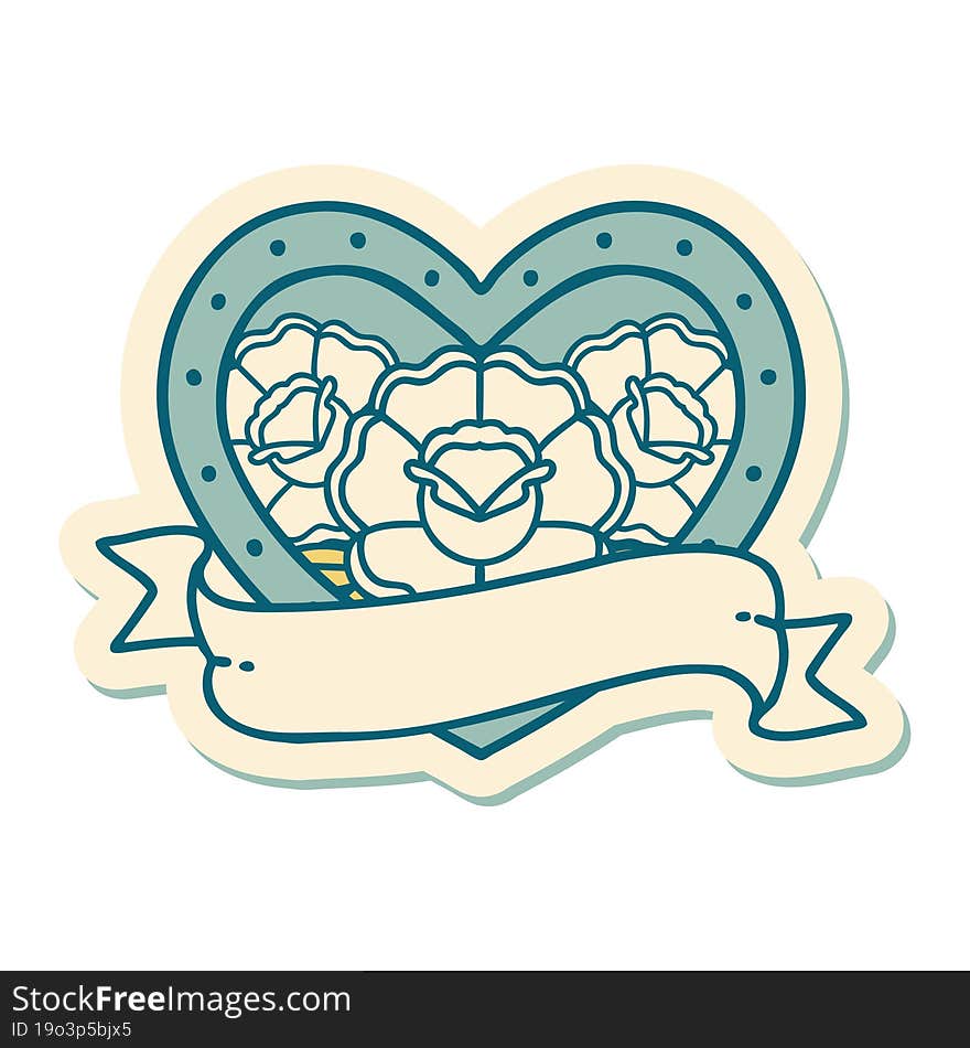 sticker of tattoo in traditional style of a heart and banner with flowers. sticker of tattoo in traditional style of a heart and banner with flowers