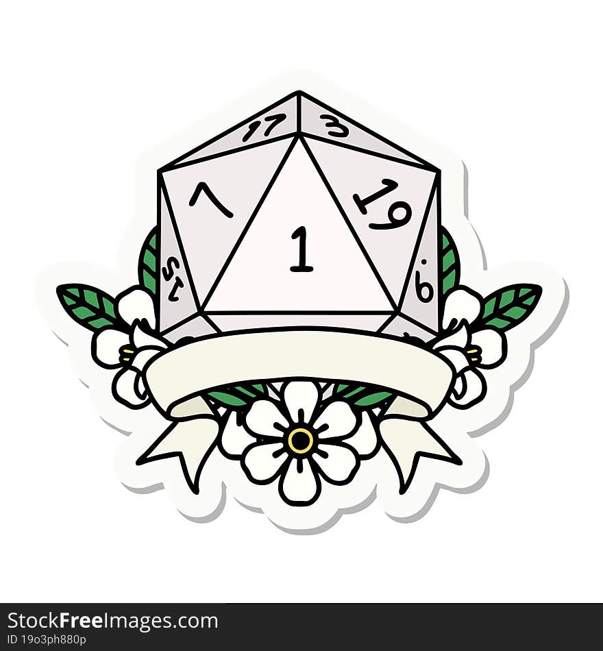 sticker of a natural one d20 dice roll. sticker of a natural one d20 dice roll