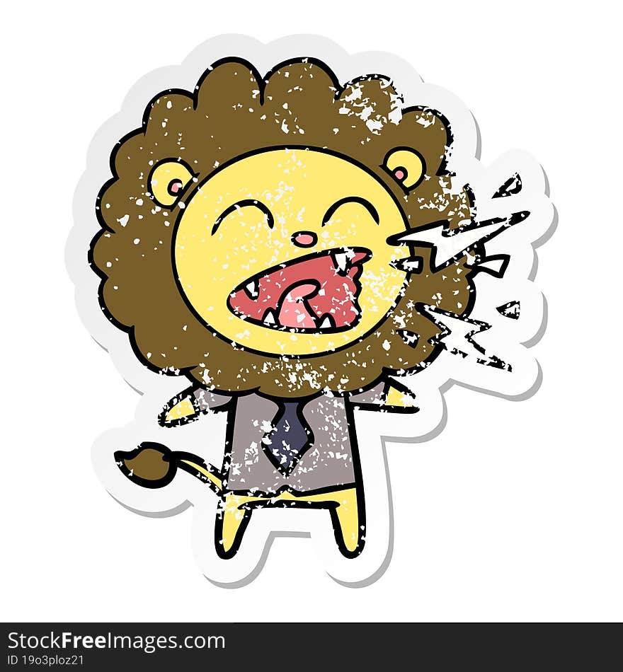 distressed sticker of a cartoon roaring lion businessman