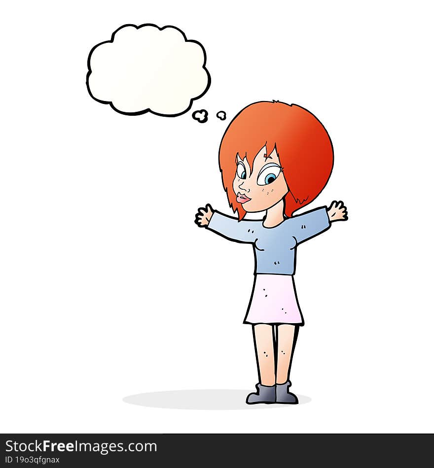 cartoon woman with open arms with thought bubble