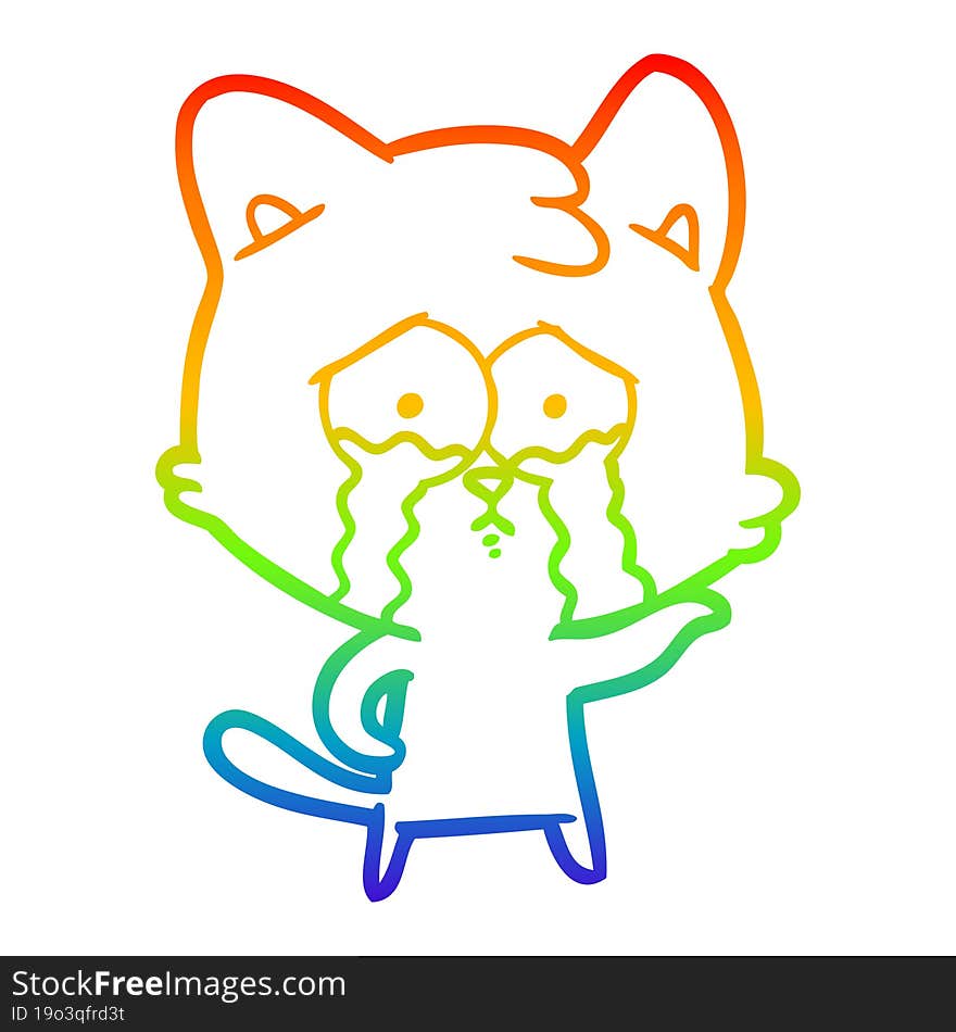 rainbow gradient line drawing of a cartoon crying cat