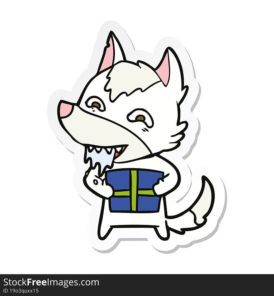 sticker of a cartoon hungry wolf holding christmas present