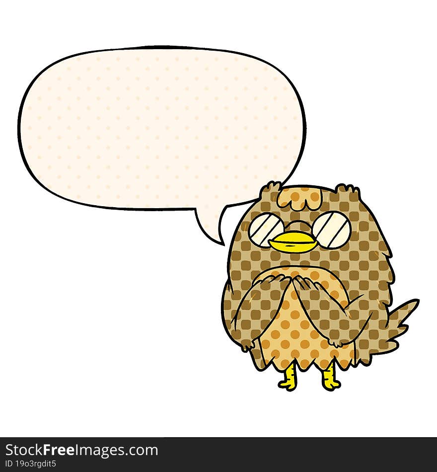 cute cartoon wise old owl and speech bubble in comic book style