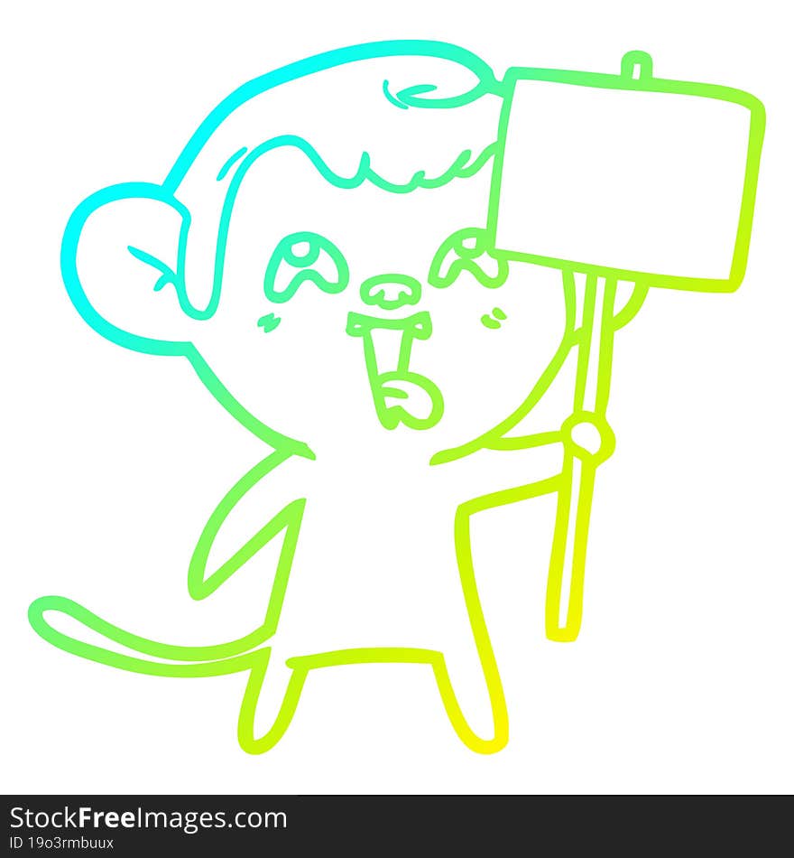 cold gradient line drawing of a crazy cartoon monkey with sign