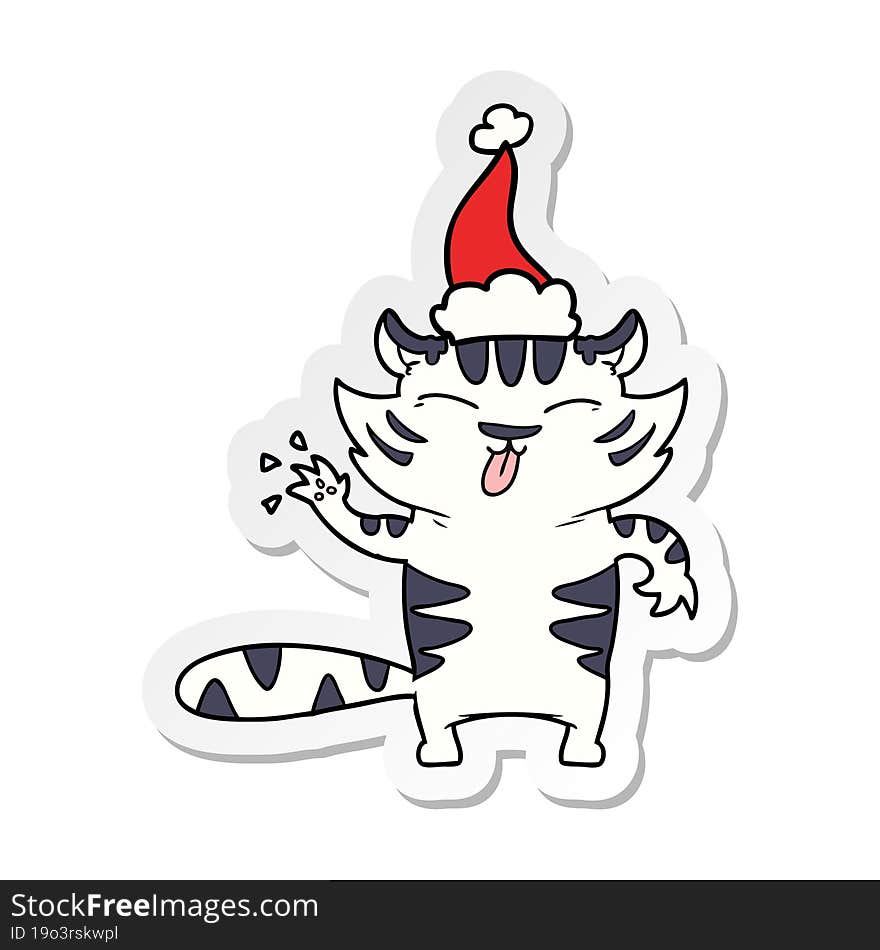 Sticker Cartoon Of A White Tiger Wearing Santa Hat