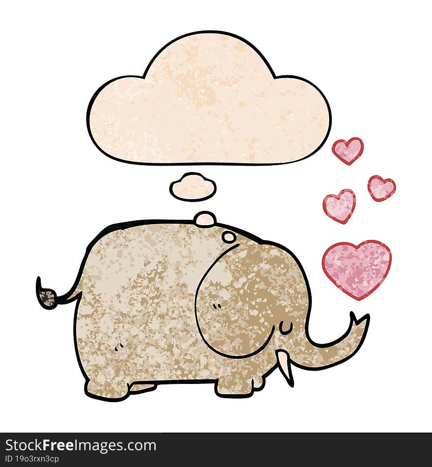 cute cartoon elephant with love hearts and thought bubble in grunge texture pattern style