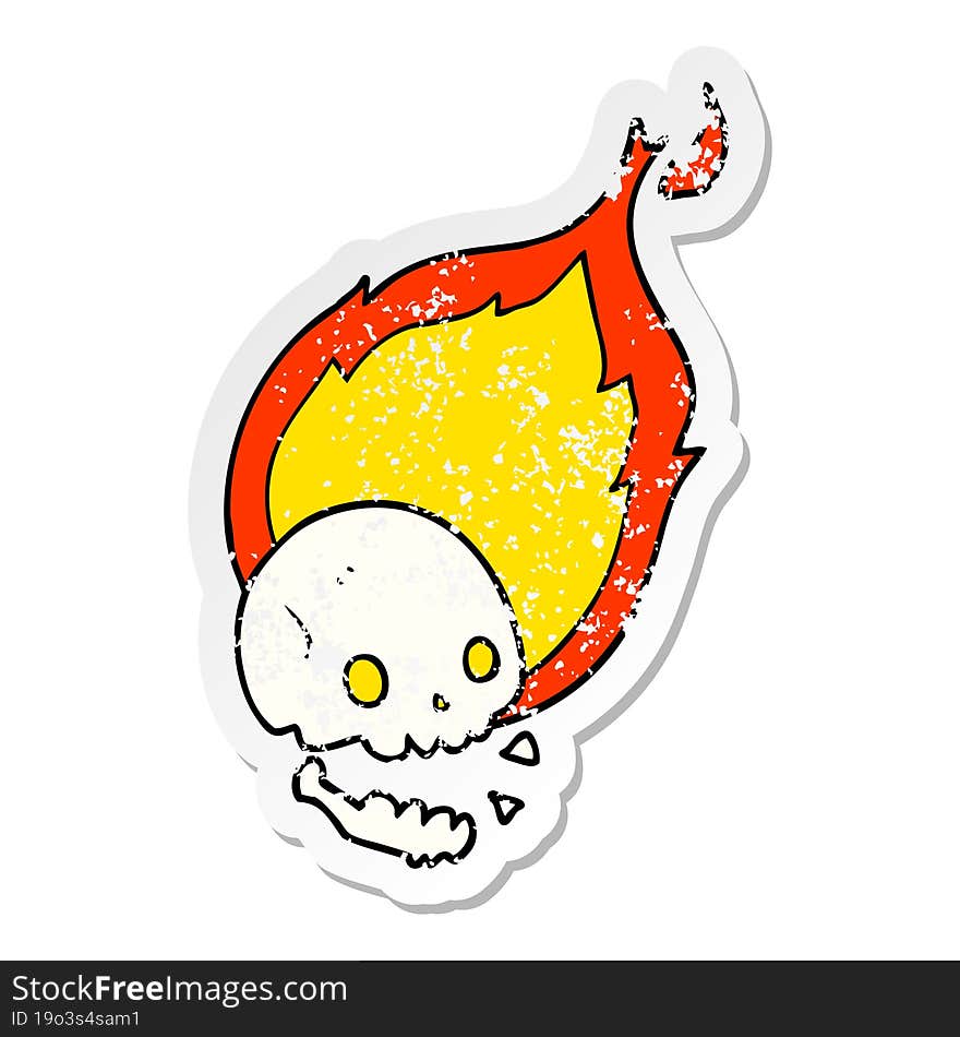 distressed sticker of a spooky cartoon flaming skull