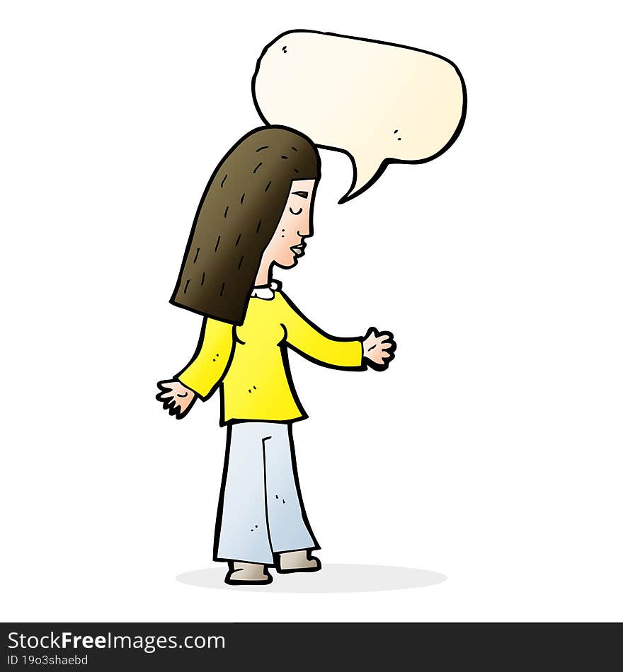 cartoon woman with open arms with speech bubble