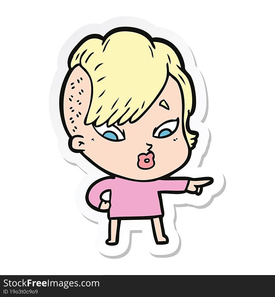 sticker of a cartoon surprised girl pointing