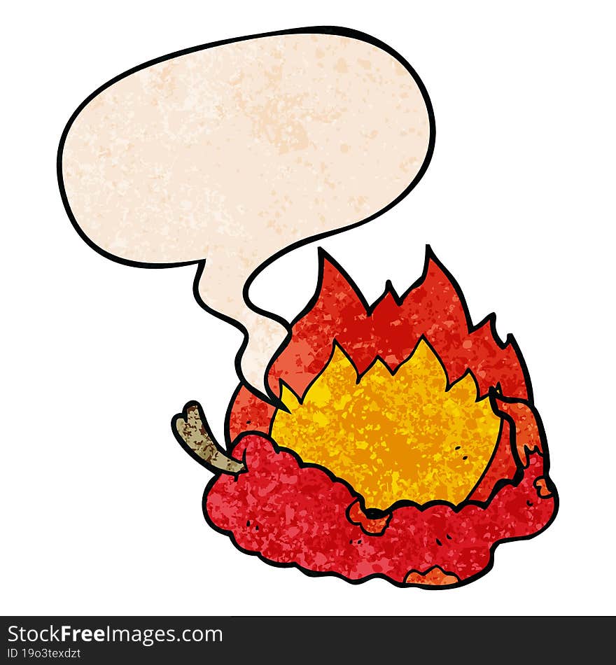 Cartoon Hot Chili Pepper And Speech Bubble In Retro Texture Style