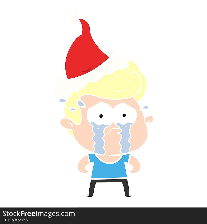 flat color illustration of a crying man wearing santa hat