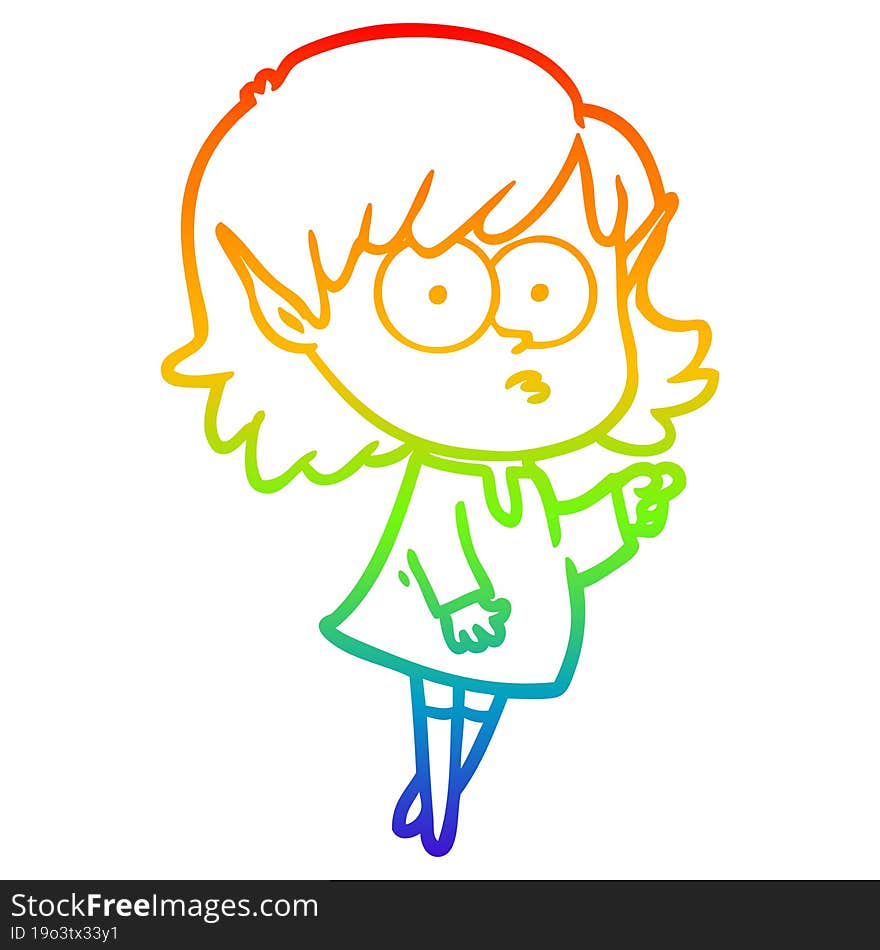 rainbow gradient line drawing cartoon elf girl pointing