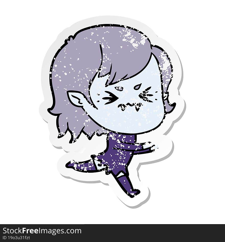 Distressed Sticker Of A Annoyed Cartoon Vampire Girl