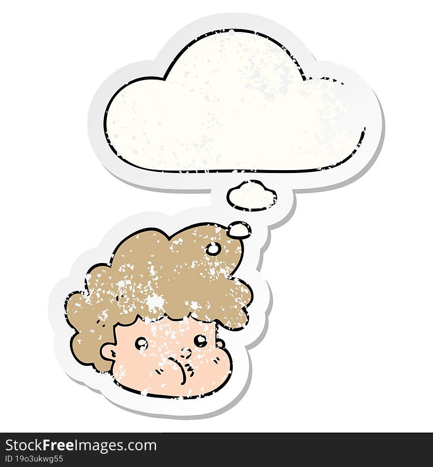 cartoon boy with thought bubble as a distressed worn sticker