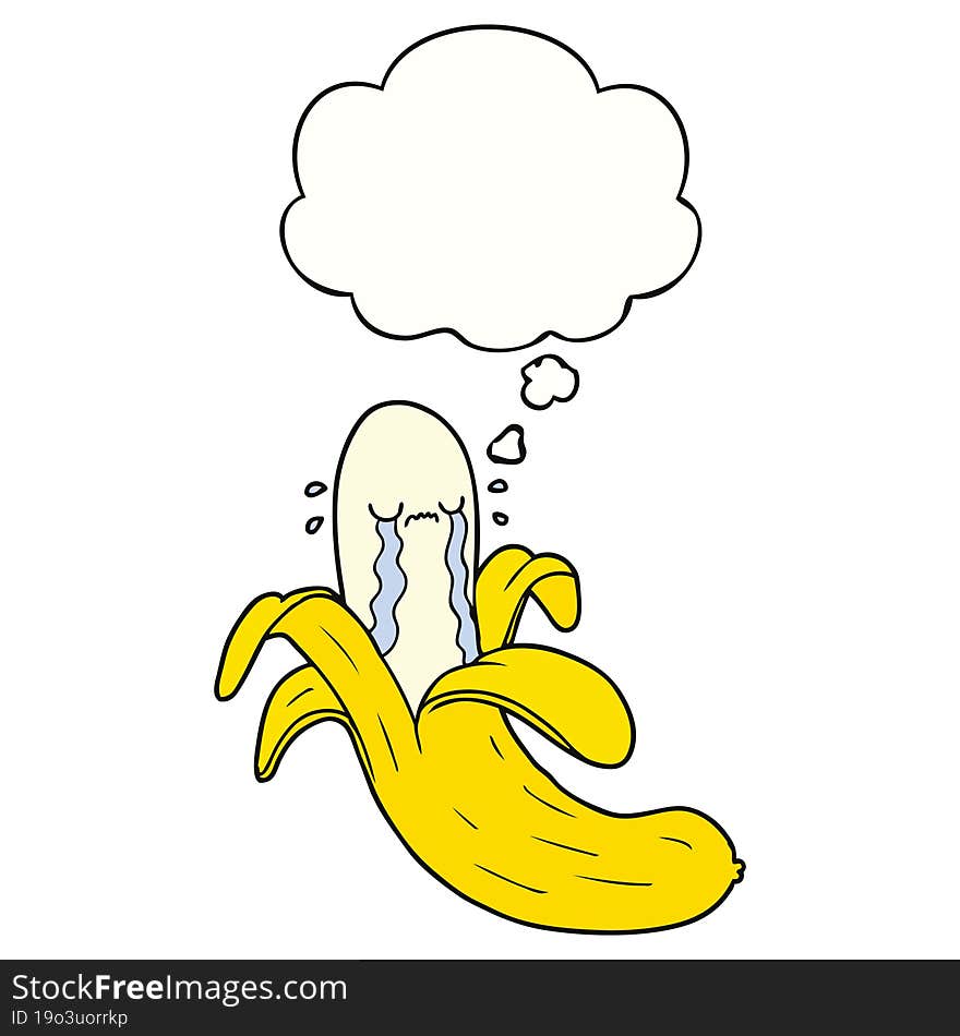 cartoon crying banana with thought bubble. cartoon crying banana with thought bubble