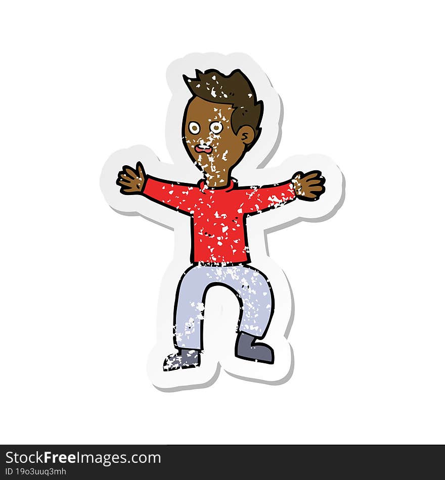 retro distressed sticker of a cartoon man panicking