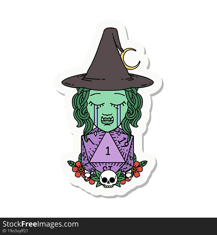 sticker of a sad half orc witch character with natural one D20 roll. sticker of a sad half orc witch character with natural one D20 roll