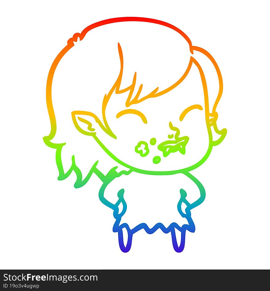 rainbow gradient line drawing cartoon vampire girl with blood on cheek