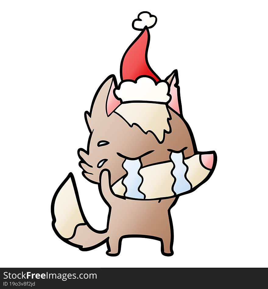 gradient cartoon of a crying wolf wearing santa hat