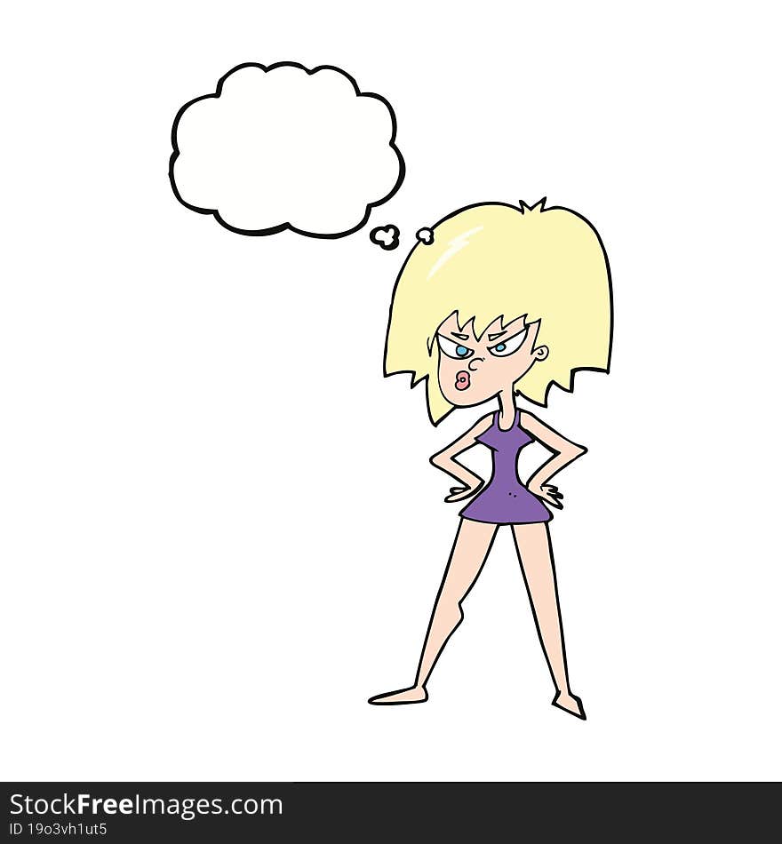 cartoon angry woman in dress with thought bubble