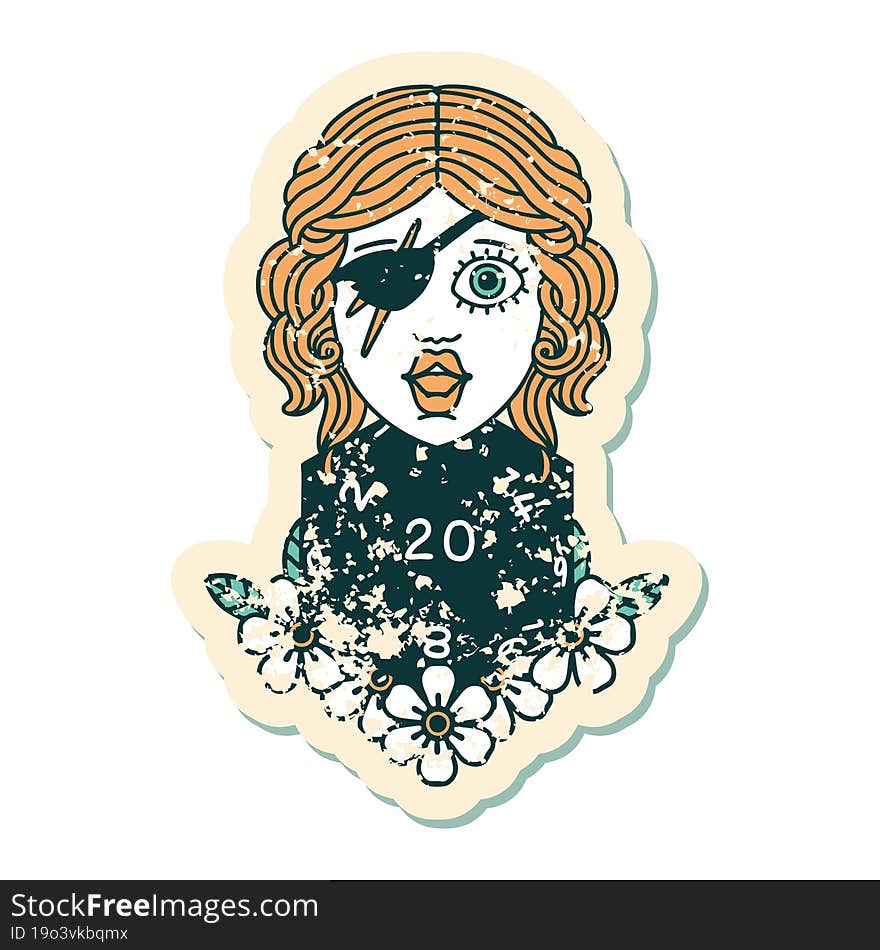 grunge sticker of a human rogue with natural twenty dice roll. grunge sticker of a human rogue with natural twenty dice roll